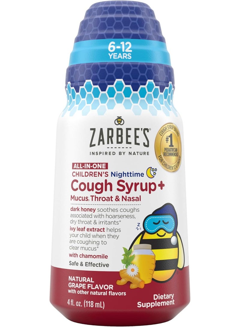 Zarbee's Children's Nighttime All-in-One Honey Cough Syrup + Mucus, Throat & Nasal for Kids 6-12 + Dark Honey, Ivy Leaf Extract, Zinc, Turmeric Root Extract, Drug-Free, Grape, 4 fl. oz - Image 1